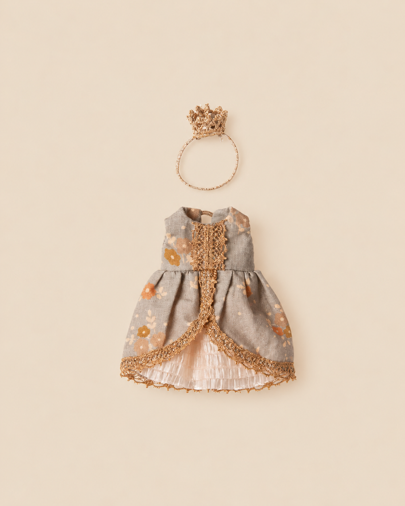 Maileg Princess Dress, Big Sister Mouse with a floral pattern, gold lace trim, and a matching gold crown.