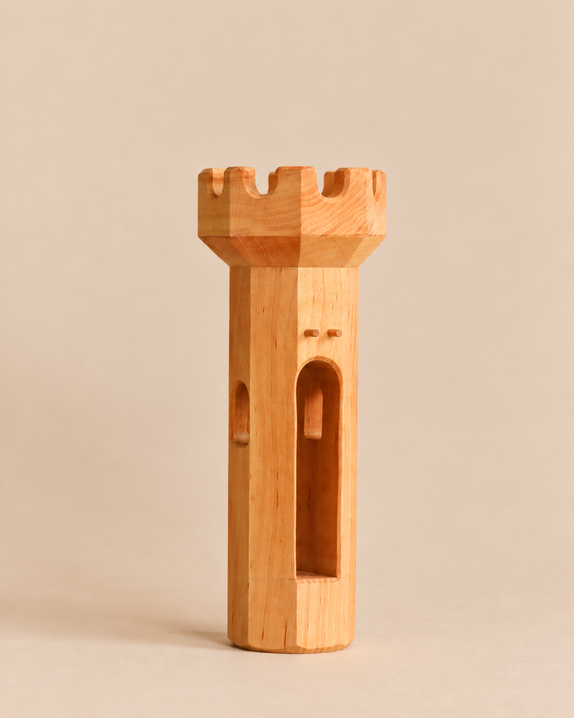 The Ostheimer Round Tower is a handcrafted wooden toy tower featuring a crenelated top, a central arched doorway, and small window openings for imaginative play.