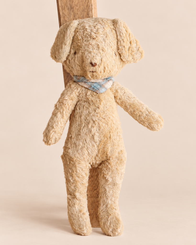 Maileg Poodle Dog, Vintage Plush - Soft Sand, a vintage stuffed poodle toy in soft tan fur wearing a blue and white plaid neckerchief.