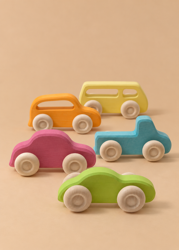 Five colorful Grimm’s Wooden Cars Slimline in various shapes on a plain background.