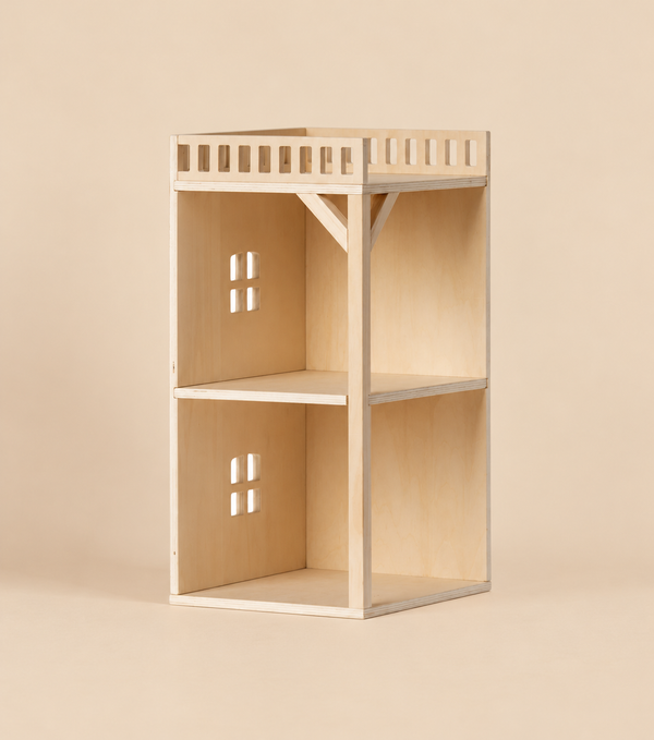 Maileg Farmhouse - Annex Bonus Room: a two-story linden wood dollhouse annex with an open front, a flat roof railing, and cut-out windows on the side panels.