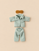 Maileg Extra Clothing: Pyjamas For Dad Mouse, featuring light green and white checkered sleepwear with a collared top and pants, paired with a brown felt sleeping mask with closed eyes.