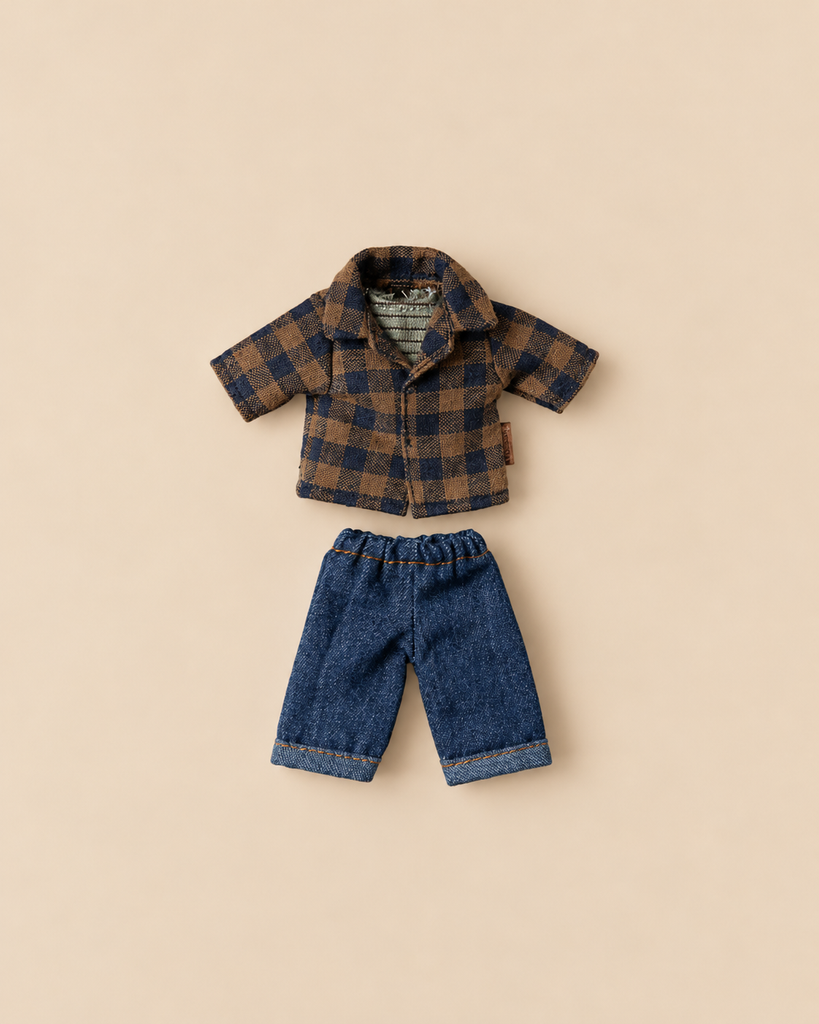 Maileg Extra Clothing: Brown Checked Shirt And Pants, Dad Mouse set featuring a brown and navy blue checkered collared shirt and blue denim pants.