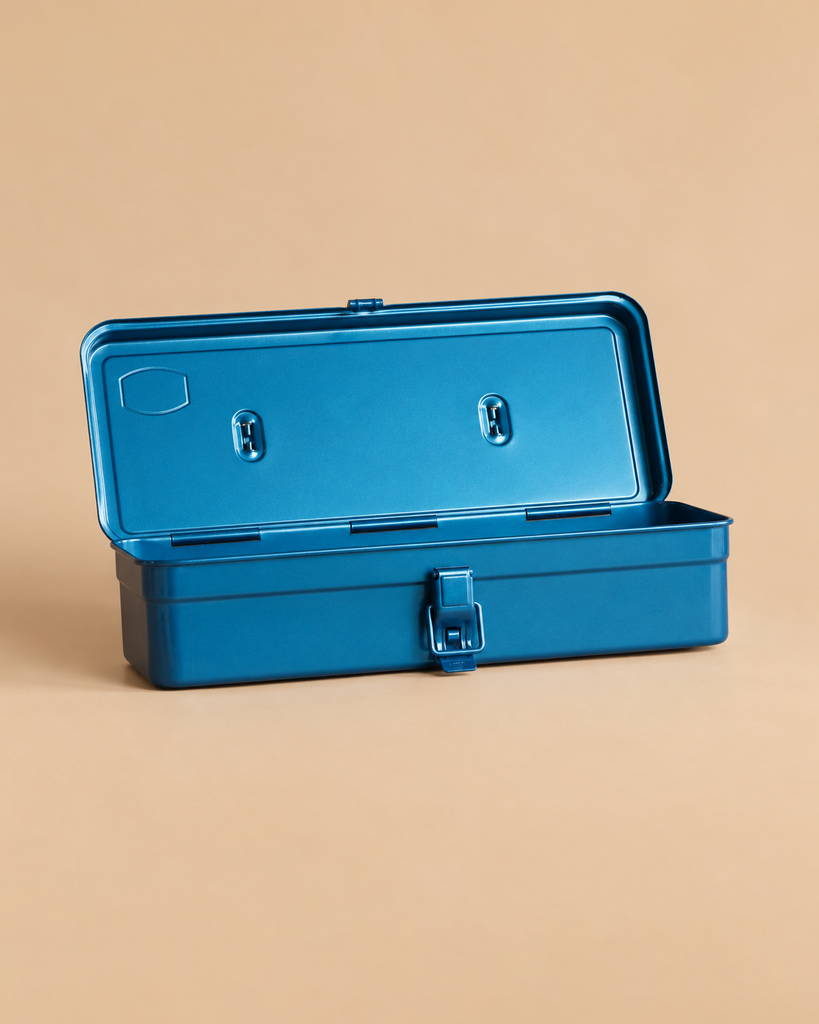Open blue Toyo - Steel Toolbox T-320 with a latch closure.