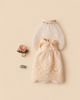 Maileg Wedding Dress, Mum Mouse, featuring a dress with a lace veil, a fabric flower accessory, and a small blue hair accessory.