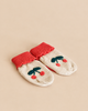Sonja Knit Mittens - Beige Melange: a pair of beige merino wool mittens with red ribbed cuffs and embroidered cherry motifs.