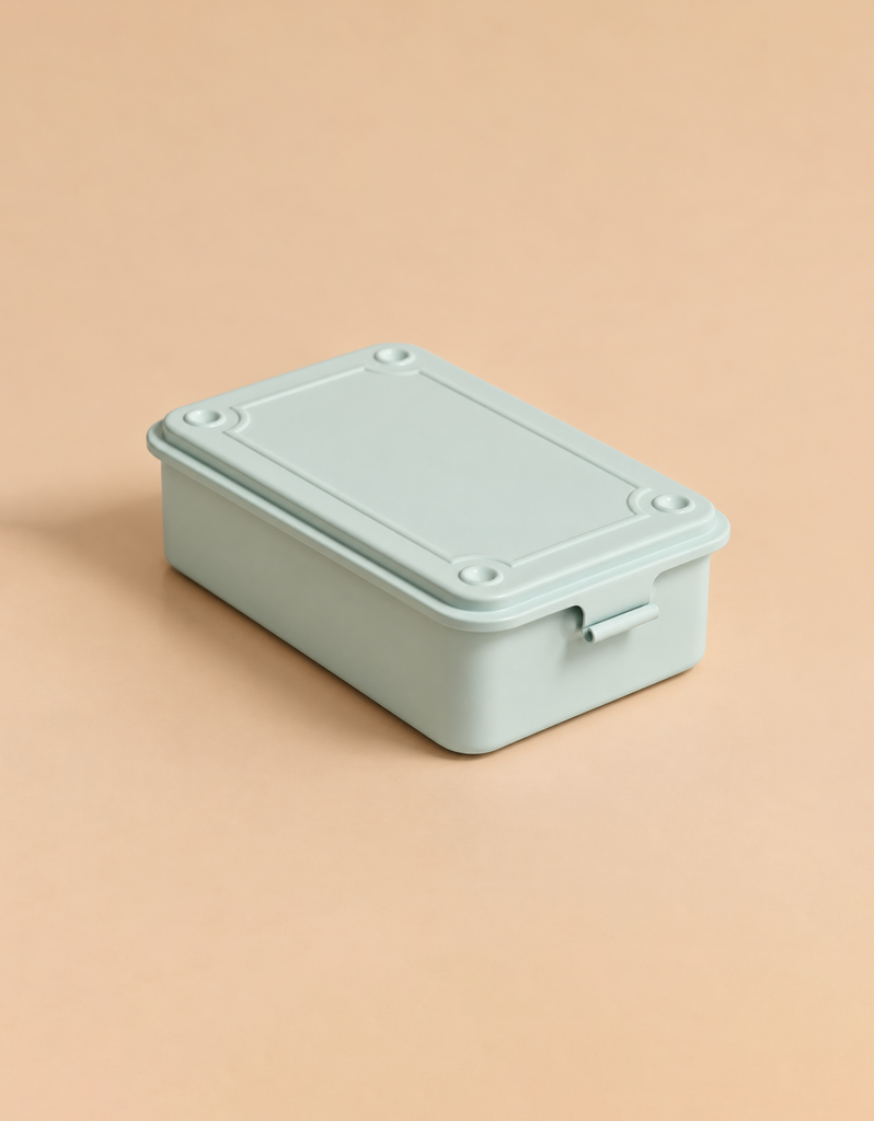 Glacier Toyo - Steel Stackable Storage Box T-150, a light blue steel toolbox with a lidded top and a side latch, perfect for organizing art supplies.