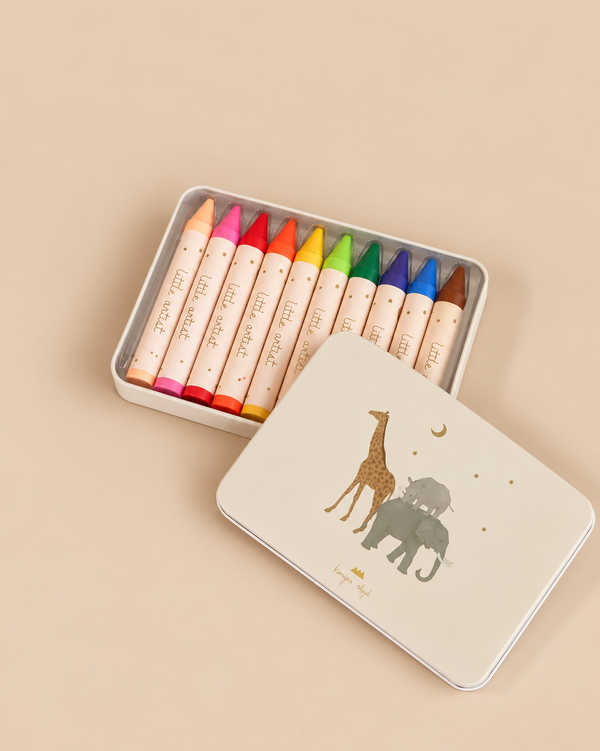 Konges Sloejd Beeswax Crayons - Safari: ten multicolored, non-toxic beeswax crayons inside a metal tin with a lid featuring illustrations of a giraffe, rhino, and elephant.