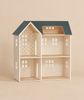 Maileg Dollhouse, House of Miniature, a two-story wooden dollhouse with a blue gabled roof and patterned wallpaper.