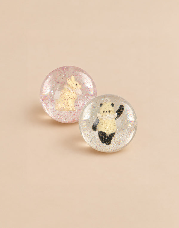 Konges Sloejd Glitter Bouncing Ball Set - Bunny & Panda featuring two clear glitter-filled bouncing balls, one containing a small bunny figure and the other a panda figure.
