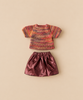 Maileg Extra Clothing: Skirt And Knitted Blouse For Mom Mouse, featuring a multi-colored knitted blouse and a metallic red doll skirt for a toy mouse.