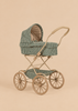 Konges Sloejd Doll Pram - Smoke Pine Checkered vintage doll pram with a green and white checkered quilted fabric body and a beige frame, handle, and wheels.