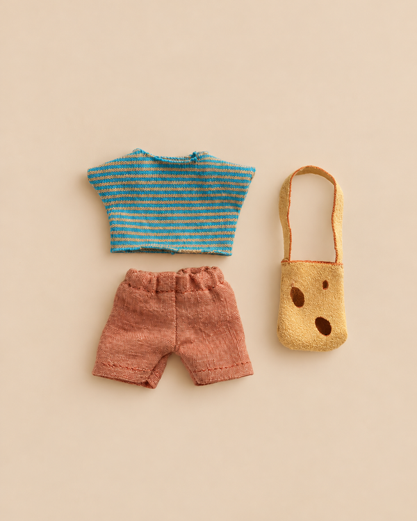 Maileg Clothes and Bag, Little Brother Mouse wearing a blue and tan striped shirt, red shorts, and a small tan shoulder bag.