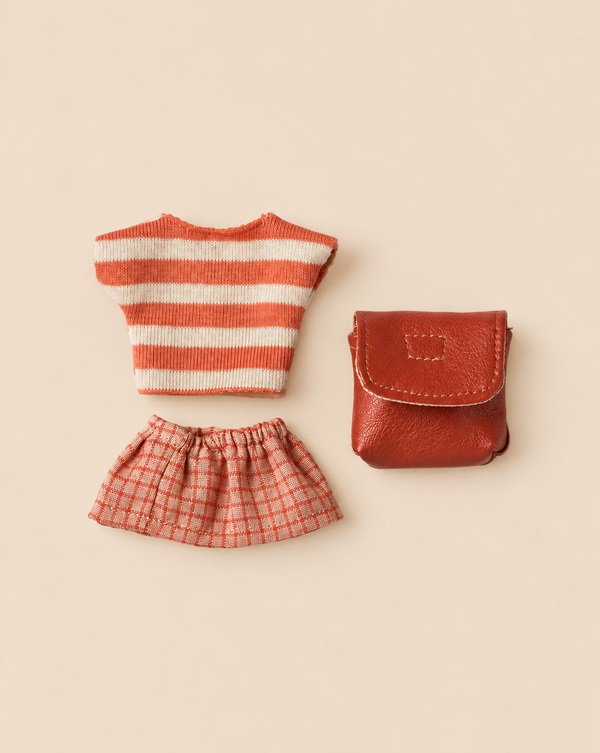 Maileg Clothes and Bag, Big Sister Mouse - Coral featuring a coral and white striped top, matching plaid skirt, and a small dark coral shoulder bag.