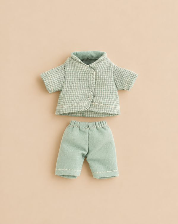 Maileg Extra Clothing: Pajamas for Little Bother Mouse, a doll-sized set featuring a short-sleeved top with a small check pattern and solid light green shorts.