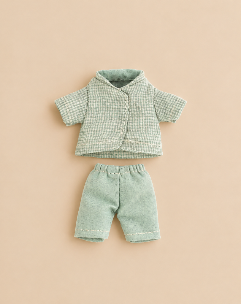 Maileg Extra Clothing: Pajamas for Little Bother Mouse, a doll-sized set featuring a short-sleeved top with a small check pattern and solid light green shorts.