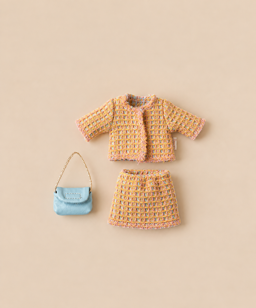Maileg Extra Clothing: Suit For Mom Mouse featuring a yellow and pink tweed-style jacket, matching skirt, and small light blue handbag.