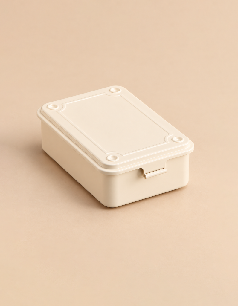 Off-white rectangular Toyo - Steel Stackable Storage Box T-150 with a lidded top and side latch, perfect for organizing art supplies.