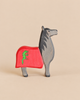 An Ostheimer Horse for Black Knight handcrafted from maple wood, featuring a dark grey mane and a red blanket with a green lizard emblem.