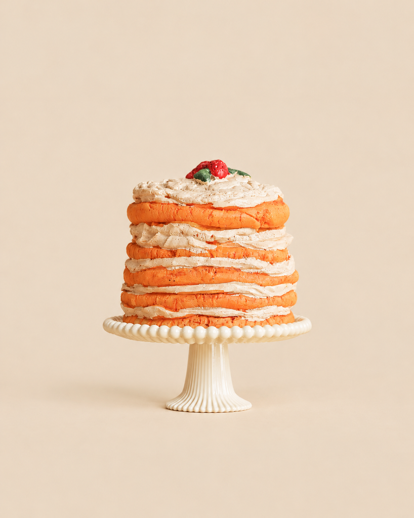 Maileg Party Cake and Cake Stand, Mouse - Off White displayed as a layered orange cake with cream frosting and a berry topper on a pedestal, surrounded by a mice family.