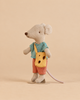 Maileg Little Brother Mouse with Bag wearing a striped shirt and shorts, carrying a yellow bag with holes that resembles a piece of cheese.