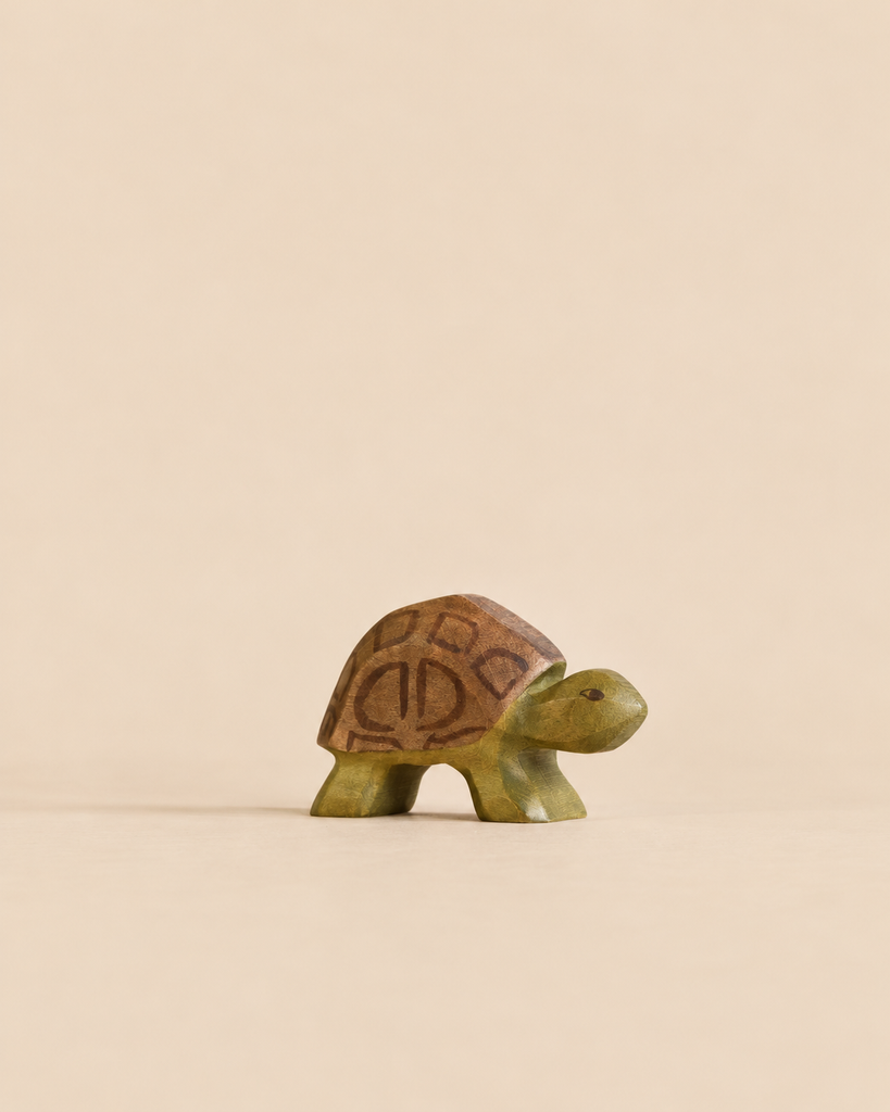 Handmade Holzwald Turtle toy with a brown shell and green wooden body.