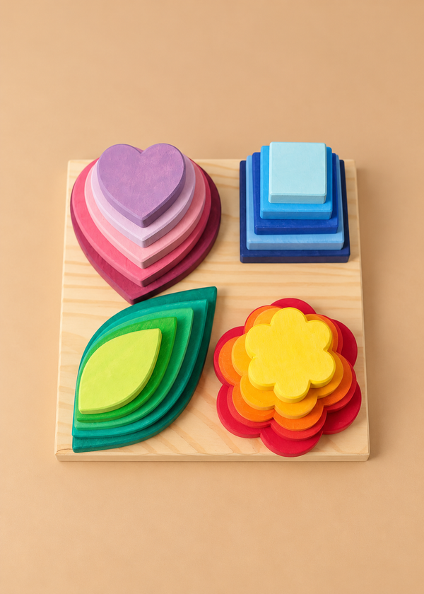 Grimm’s Stacking Game Shapes feature four sets of wooden nesting shapes, including a purple heart, a blue square, a green leaf, and a red and yellow flower, arranged on a square board to help children develop fine motor skills.