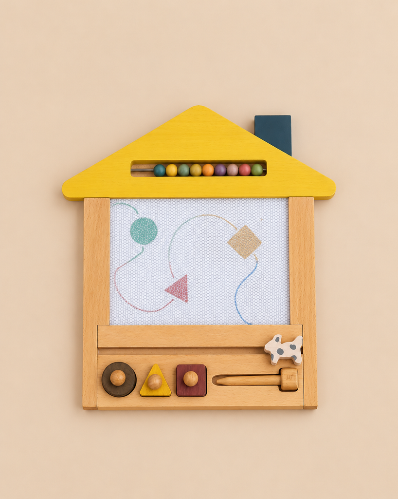 Kiko & GG Magnetic Drawing Board in a house shape, featuring a row of colored counting beads, a stylus, and three magnetic geometric shapes.