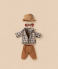 Maileg Extra Clothing: Jacket, Pants, Hat and Bow Tie for Grandpa Mouse consisting of a plaid bucket hat, a plaid bow tie, a plaid jacket, and brown trousers.