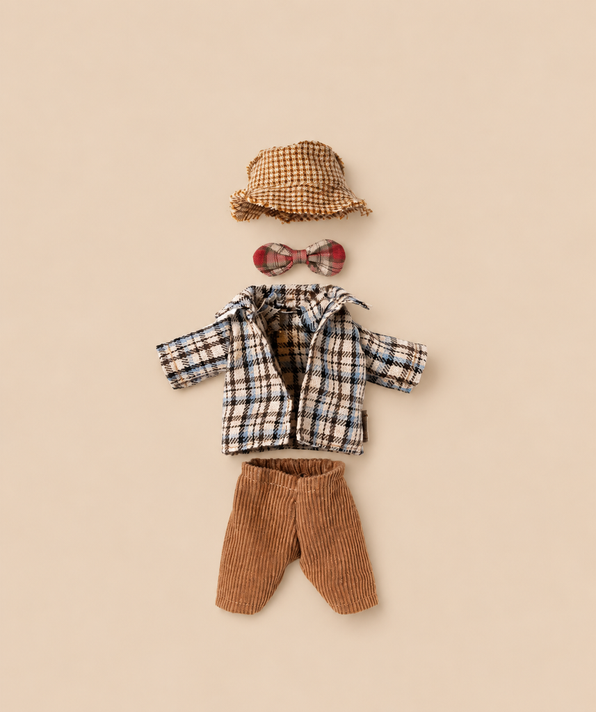 Maileg Extra Clothing: Jacket, Pants, Hat and Bow Tie for Grandpa Mouse consisting of a plaid bucket hat, a plaid bow tie, a plaid jacket, and brown trousers.