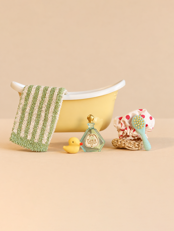 Maileg Bathtub Set, Mouse - Yellow includes a miniature bathtub, green-striped towel, rubber duck, shampoo bottle, polka-dot shower cap, and brush.