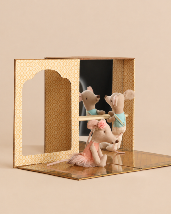 Maileg Ballet Mice in Dance Studio, Little Sister and Brother, featuring two small mice in ballet outfits inside a toy studio with a mirror and barre.