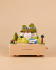 A Los Angeles Wooden Music Box featuring a miniature Griffith Observatory, the Hollywood sign, a tour bus, and a palm tree.