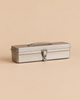 A Multi-Purpose Steel Storage Tool Box T-320 - SIlver, featuring a rectangular silver metal body, a carrying handle, and a central latch.