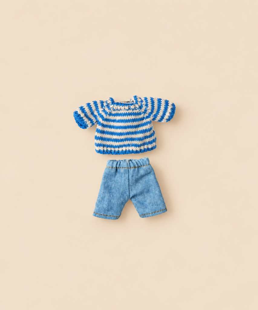 Maileg Extra Clothing: Knitted Sweater and Pants, Big Brother Mouse, featuring a blue and white striped knitted sweater and blue jeans.