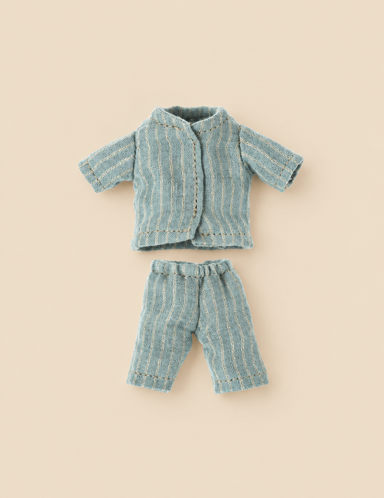 Maileg Extra Clothing: Pyjamas For Big Sister and Big Brother Mouse, featuring blue and white striped pajamas with a collared top and pants.