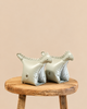 Two pale green Inflatable Water Wings - Dinosaur Shape - Final Sale resting on a wooden stool.