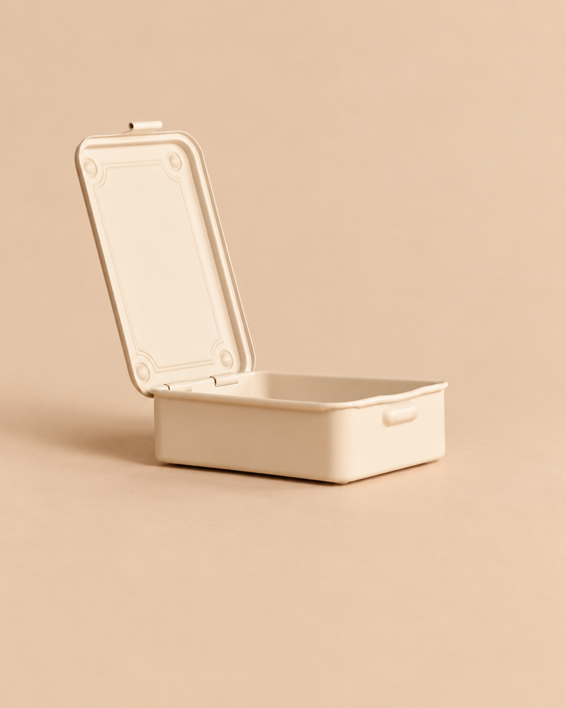 White Toyo - Steel Stackable Storage Box T-150 with a hinged lid standing open.
