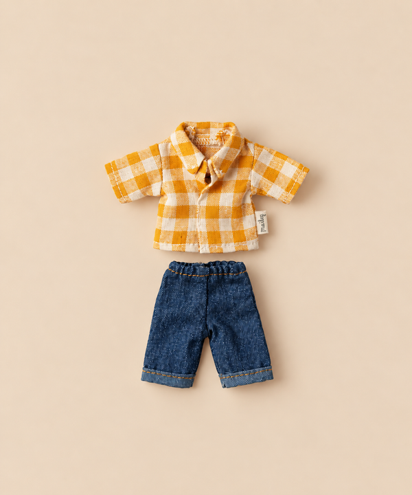 Maileg Extra Clothing: Yellow Checked Shirt and Pants For Dad Mouse featuring a yellow and white checked shirt and blue denim pants.