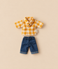 Maileg Extra Clothing: Yellow Checked Shirt and Pants For Dad Mouse featuring a yellow and white checked shirt and blue denim pants.