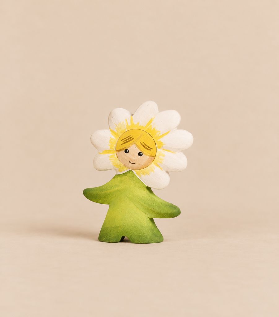 Bumbu Handmade Wooden Flower Child Daisy figurine featuring a child with a daisy head and a green stem body.