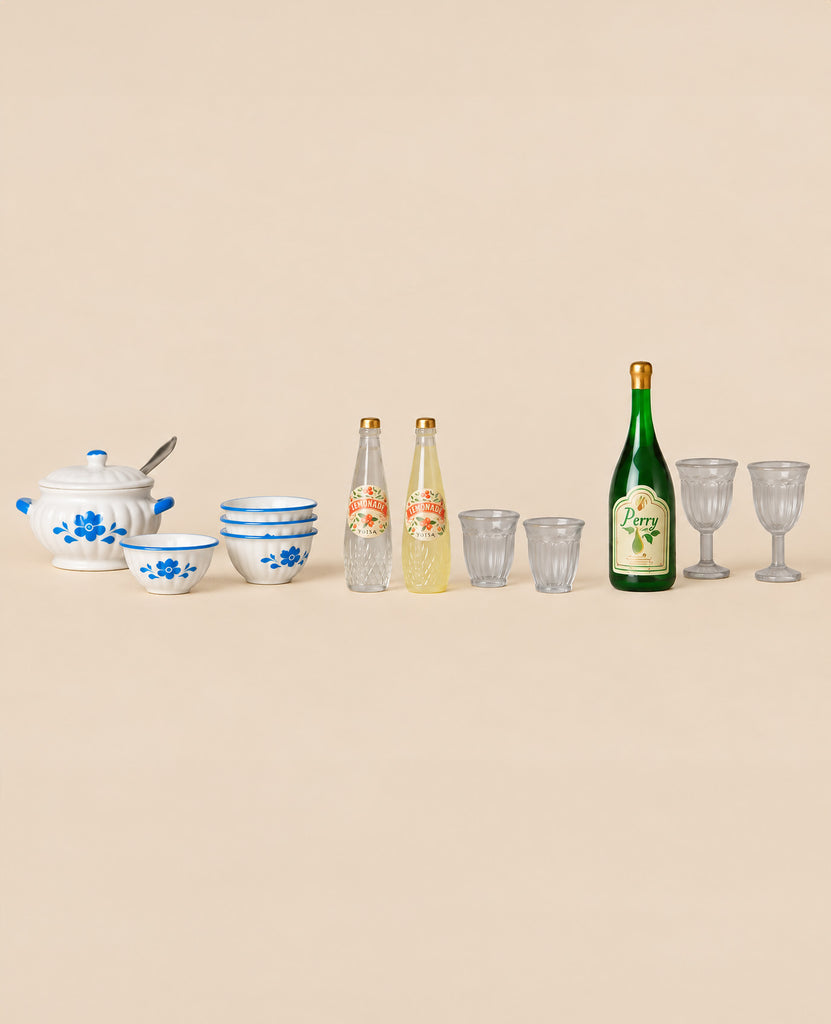 Maileg Soup Set, Mouse, featuring a lidded tureen, three bowls, two bottles of lemonade, two tumblers, a bottle of pear cider, and two stemmed glasses for a pretend meal.