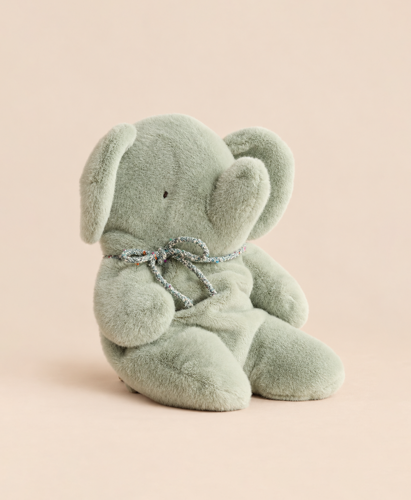 Maileg Elephant Plush, Medium - Soft Mint, a plush elephant toy with a small decorative braided cord tied around its neck.