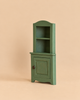 Maileg Corner Cabinet, Mouse Size - Dark Green wooden toy with a vintage finish, featuring an open top shelf and a small door on the bottom.