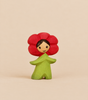 Bumbu Handmade Wooden Flower Child Poppy, a Waldorf wooden figurine of a child wearing a red poppy flower hat and a green leafy outfit, perfect for small world play.