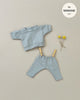 A Minikane Doll Clothing | Liam Set in Mouse Gray Jersey laid out on a beige background, consisting of a short-sleeve shirt and elastic-waist pants. Two yellow flowers with stems are clipped to the pants using clothespins. A circular label in the top right corner indicates the clothes fit 11" dolls from Minikane Babies.