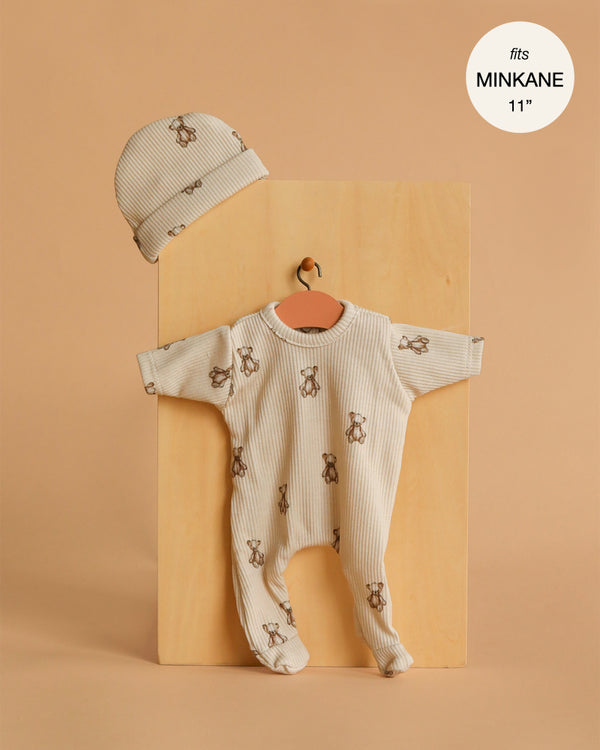 The "Minikane 11\" Doll Clothing | Sleep Tight Angel Onesie & Hat in Ribbed Cotton - Little Bears" set features a beige ribbed onesie with teddy bear prints and a matching beanie, perfect for Minikane 11" dolls. Label: fits MINKANE 11.