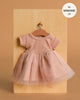 The Minikane Doll Clothing | Rosana Short Sleeve Tutu in Petal Pink features a ribbed knit bodice and tulle skirt, sized for 13" Minikane dolls. Displayed on a wooden hanger against wood panels. Made in France—perfect 13 inch doll clothes.