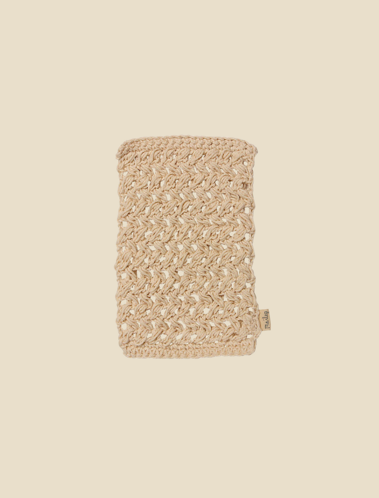 The Maileg Bathroom Set includes a beige, handwoven washcloth made of natural fibers, perfect for your Maileg mouse furniture or adding charm to a Mouse hole farmhouse. Shown on a light cream background.