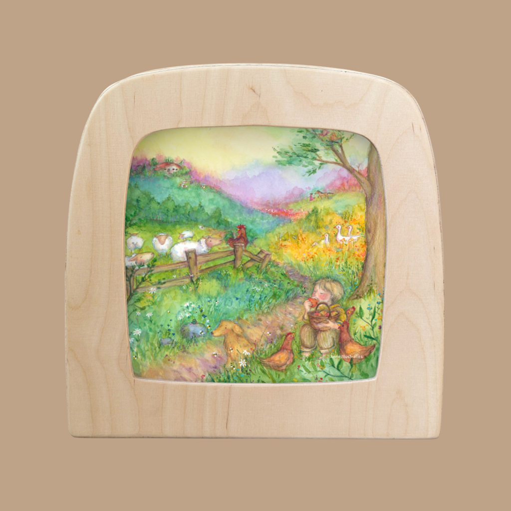 The "Silhouette Only - Farm Life Silhouette for Toverlux Lamp" features chickens, sheep, and a person resting under a tree amid rolling green hills and flowers—a charming farm life scene to enjoy with your Toverlux lamp.